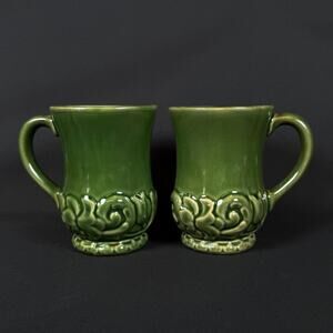 Lot of 2 Certified International Florentine Green Embossed Mugs by Karideson 5"